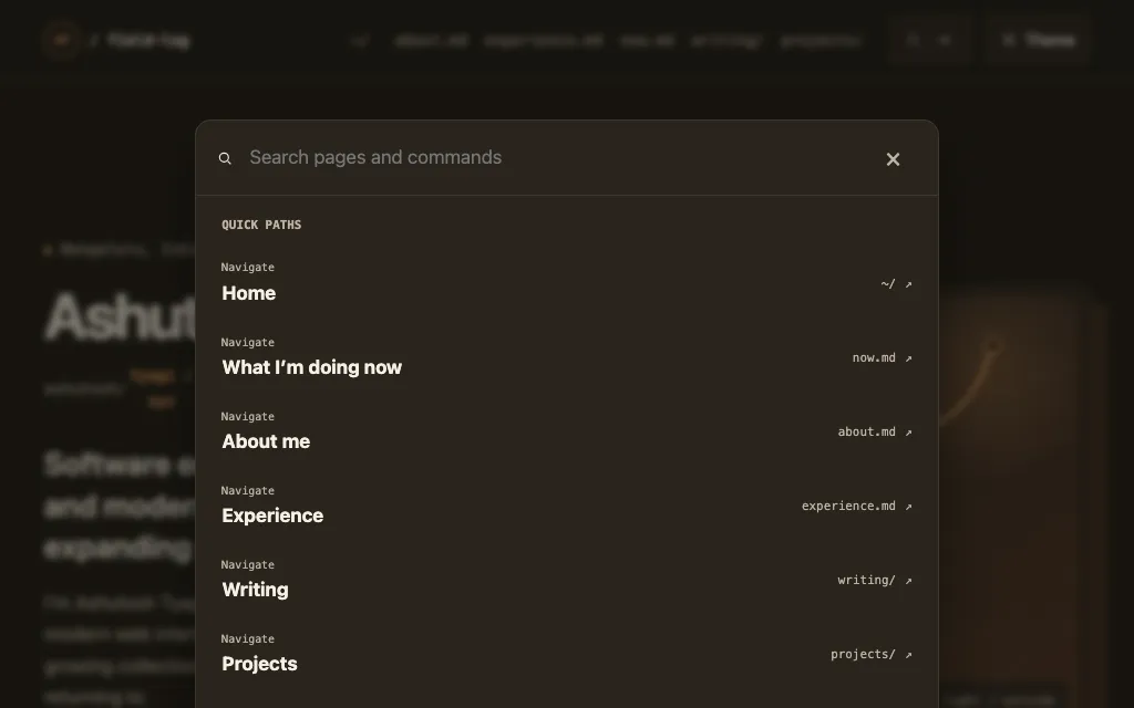 The command palette open over the dark theme, with Digital Garden search results and navigation commands