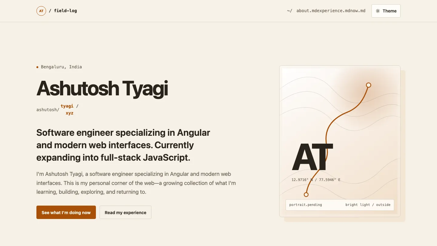 The Digital Garden homepage in its warm light theme, showing the introduction and graphic portrait placeholder